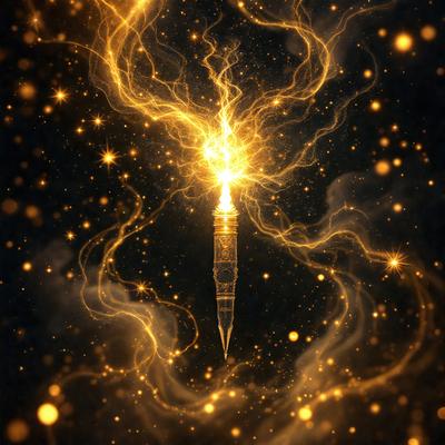 The primary subject of the image is a lit candle, which is the main focus of the scene. The setting is a dark background, creating a dramatic contrast with the lit candle. The visual style is a digital art or illustration, as the candle is depicted in a stylized manner. The colors and mood of the image are predominantly dark, with the lit candle providing a source of light and warmth.